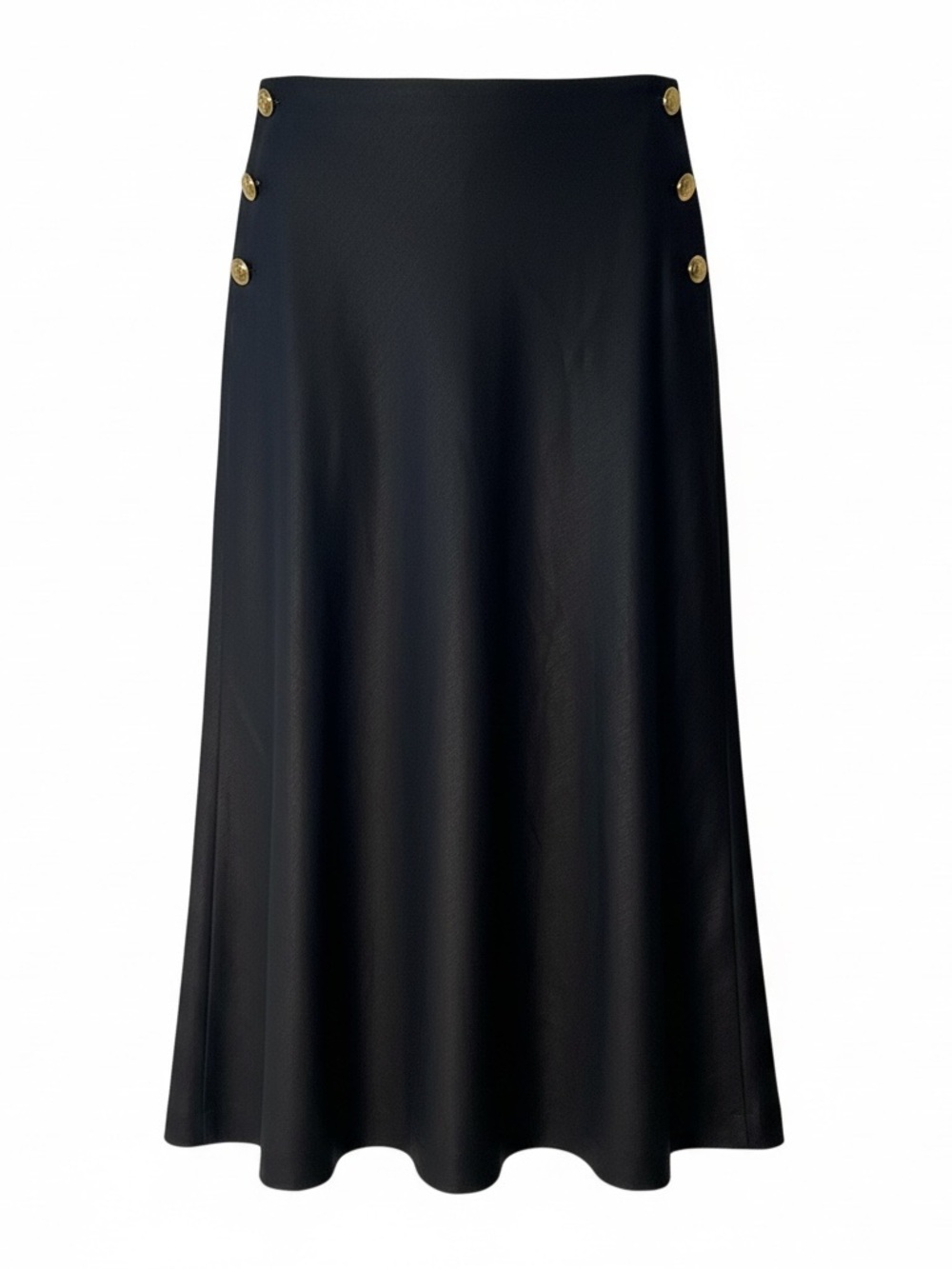 Black A-Line Midi Skirt with Gold Button Accents